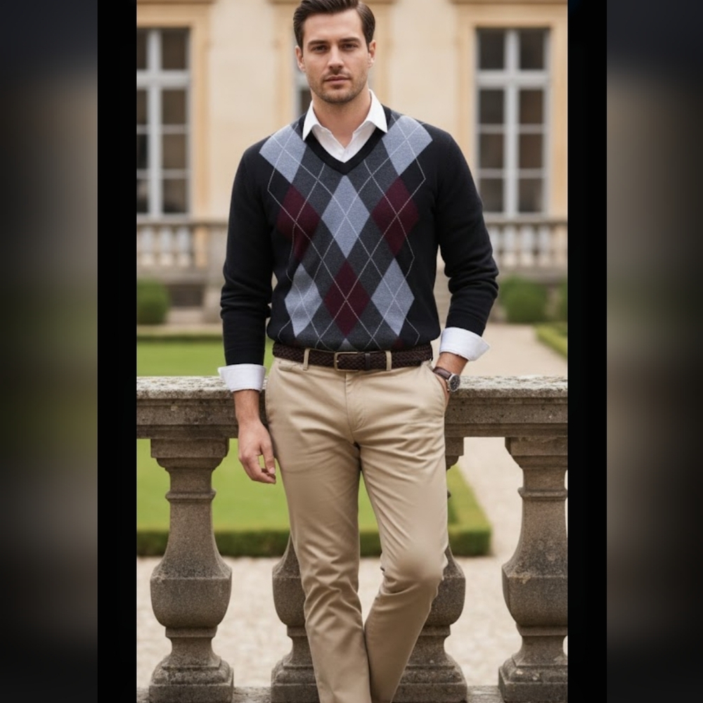 Club Room Mens 52% Merino Wool  Black, Gray and Burgundy Argyle V-Neck Sweater,